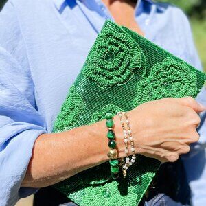 Seed Beaded Rose Floral Green Clutch Crossbody Chain Handbag Bag NEW